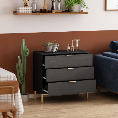 Famapy Modern 3-Drawer Dresser with Gold Accents and Spacious Storage for Bedroom or Living Room Black