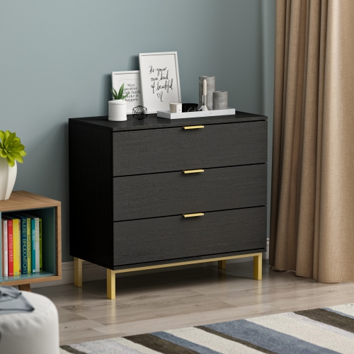 Famapy Modern 3-Drawer Dresser with Gold Accents and Spacious Storage for Bedroom or Living Room Black