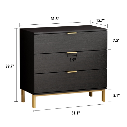 Famapy Modern 3-Drawer Dresser with Gold Accents and Spacious Storage for Bedroom or Living Room Black
