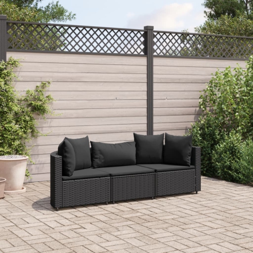 vidaXL 3 Piece Garden Sofa Set with Cushions Black Poly Rattan