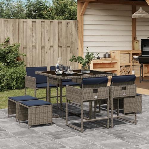 vidaXL 9 Piece Garden Dining Set with Cushions Grey Poly Rattan