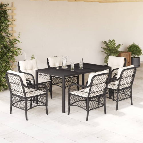 vidaXL 7 Piece Garden Dining Set with Cushions Black Poly Rattan