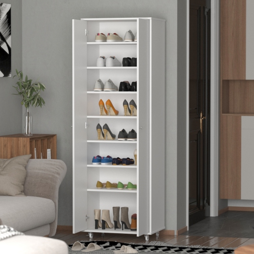 Famapy Tall Shoe Storage Cabinet with Multiple Shelves and Rolling Casters White