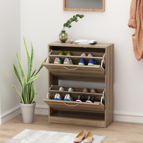 Famapy Triple-Tier Shoe Storage Cabinet with Flip Drawers and Natural Wood Finish Brown
