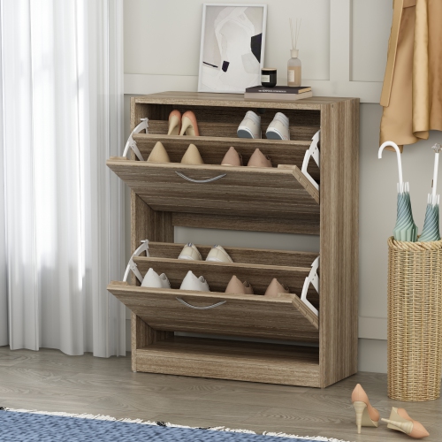 Famapy Triple-Tier Shoe Storage Cabinet with Flip Drawers and Natural Wood Finish Brown