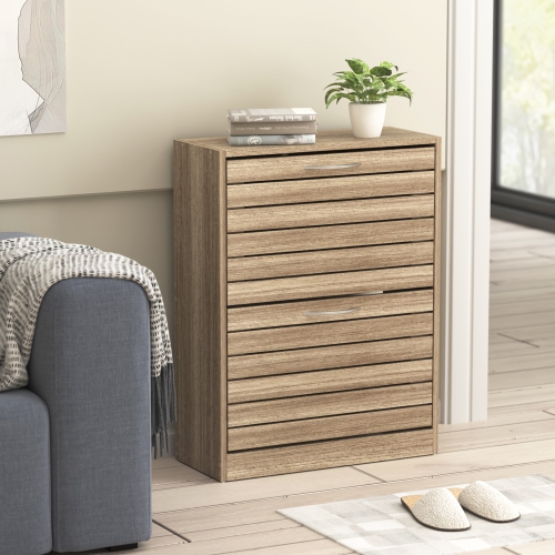 Famapy Triple-Tier Shoe Storage Cabinet with Flip Drawers and Natural Wood Finish Brown