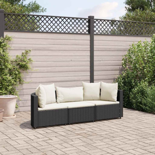 vidaXL 3 Piece Garden Sofa Set with Cushions Black Poly Rattan
