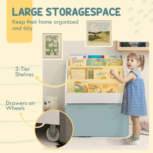 Qaba Kids Bookshelf, Bookcase Toy Storage Organizer with 3 Tier Display Shelves, Drawer, for Nursery, Bedroom, Living Room, Classroom, White