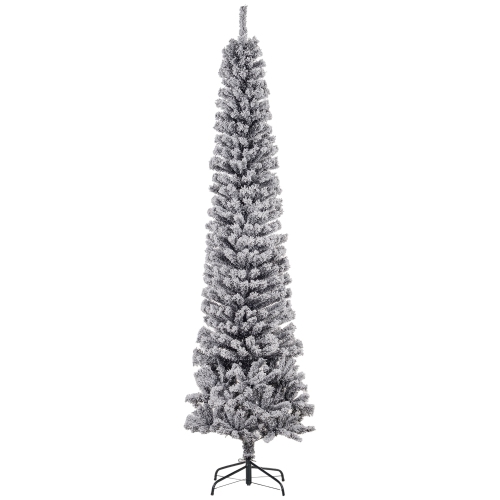 HOMCOM 7.5ft Snow Flocked Pencil Christmas Tree, Artificial Slim Xmas Tree with Realistic Branch Tips, Folding Metal Stand, Black