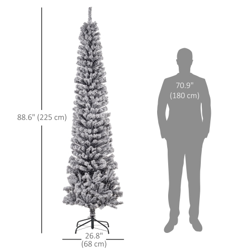 HOMCOM 7.5ft Snow Flocked Pencil Christmas Tree, Artificial Slim Xmas Tree with Realistic Branch Tips, Folding Metal Stand, Black