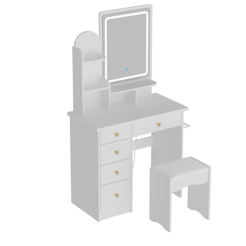 Famapy Vanity Desk Set Makeup Table with Large Lighted Mirror, Dressing Table with 5 Drawers, Storage Shelves & Cushioned Stool for Bedroom(31.5" W x