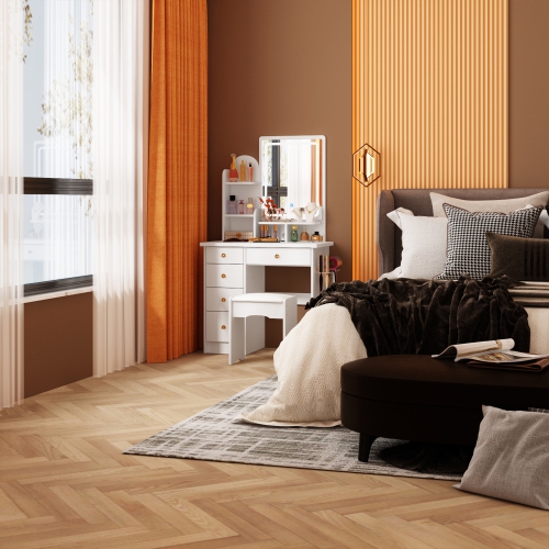 Famapy Vanity Desk Set Makeup Table with Large Lighted Mirror, Dressing Table with 5 Drawers, Storage Shelves & Cushioned Stool for Bedroom(31.5" W x