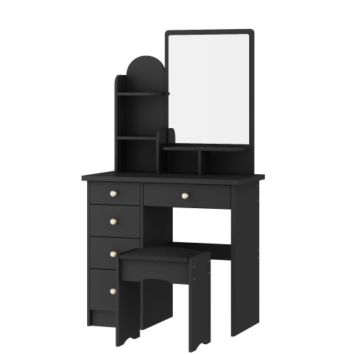Famapy Vanity Desk Set Makeup Table with Large Mirror, Dressing Table with 5 Drawers, Storage Shelves & Cushioned Stool for Bedroom(31.5" W x 15.6" D