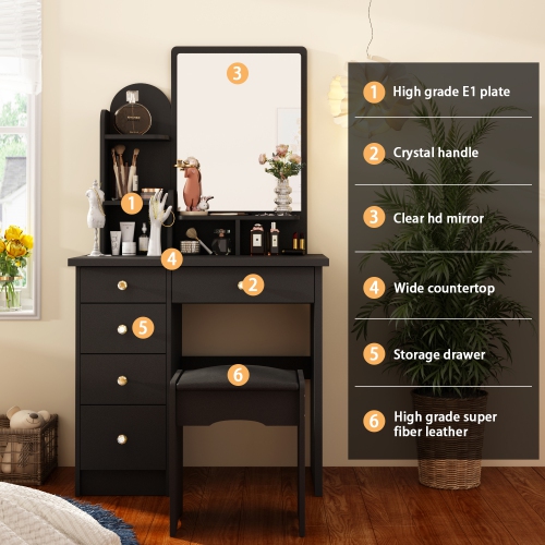 Famapy Vanity Desk Set Makeup Table with Large Mirror, Dressing Table with 5 Drawers, Storage Shelves & Cushioned Stool for Bedroom(31.5" W x 15.6" D