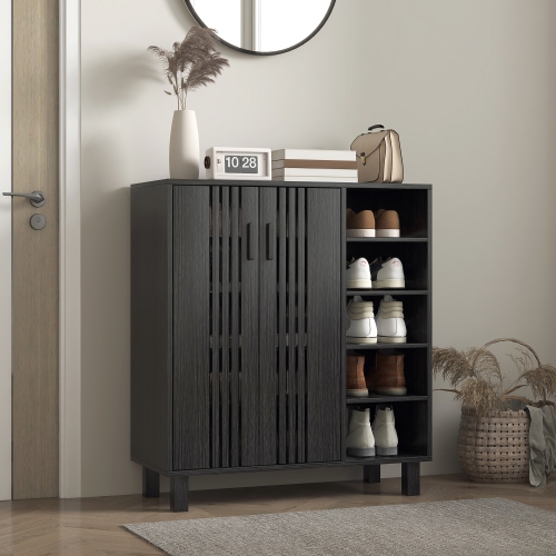 HOMCOM Modern Shoe Cabinet with 2 Doors and 5-tier Open Compartments, 17 Pair Shoe Storage Cabinet with Adjustable Shelves for Entryway, Hallway,