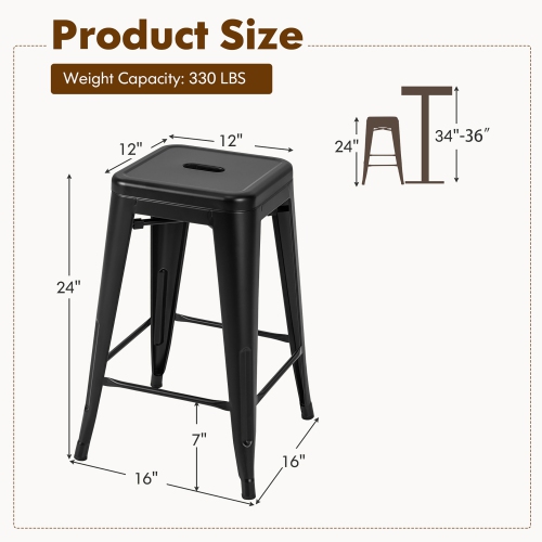 Gymax 24'' Metal Bar Stools Set of 4 w/ Square Seat Patio Bar Stools Home Kitchen