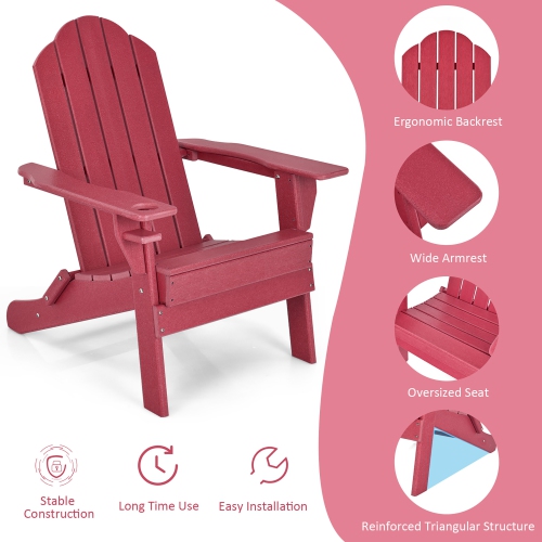 Gymax Patiojoy Folding Patio Adirondack Chair Weather Resistant Cup Holder Yard Red