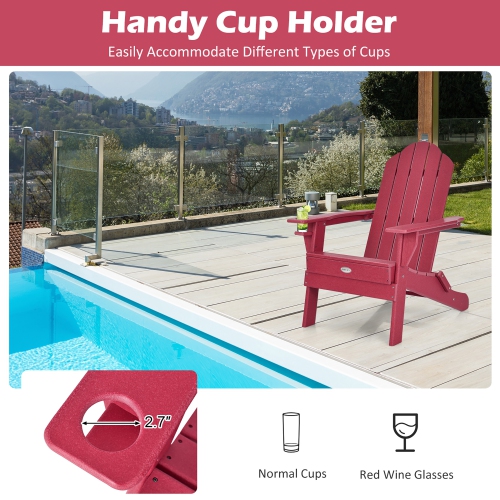 Gymax Patiojoy Folding Patio Adirondack Chair Weather Resistant Cup Holder Yard Red