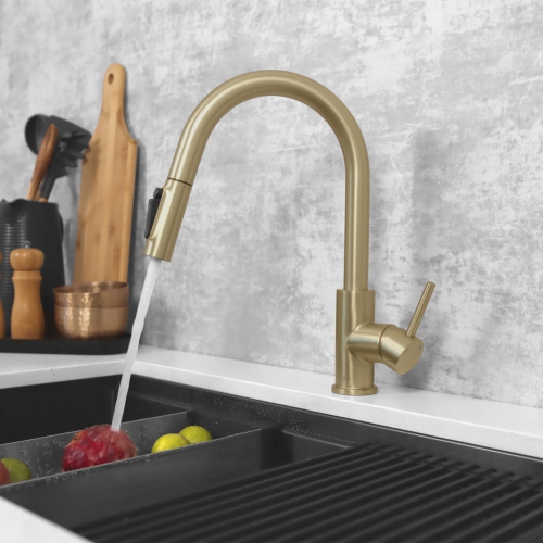 Modena Single Handle Brushed Gold Pull Down Kitchen Faucet with Reversible Osmosis