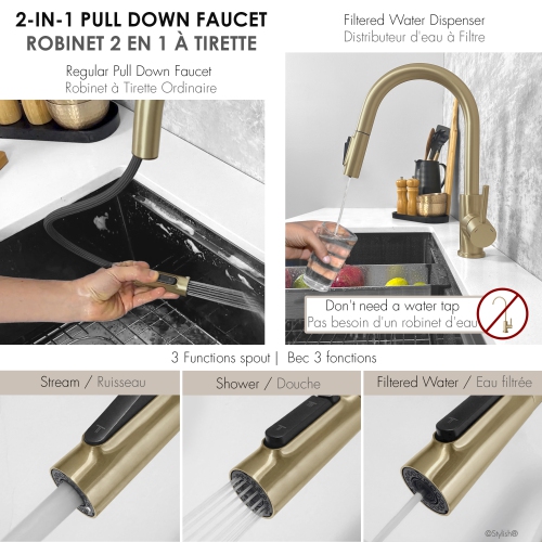 Modena Single Handle Brushed Gold Pull Down Kitchen Faucet with Reversible Osmosis
