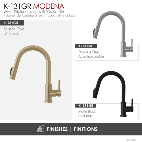 Modena Single Handle Brushed Gold Pull Down Kitchen Faucet with Reversible Osmosis