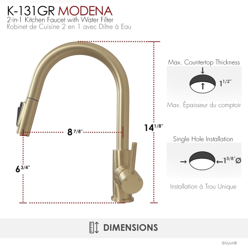 Modena Single Handle Brushed Gold Pull Down Kitchen Faucet with Reversible Osmosis
