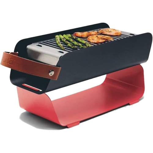 UNA Portable Charcoal Grill for Outdoor Camping and Beach BBQ Grilling, Small Tabletop Barbecue with Carry Handle, Stainless Steel Grates with Skewer