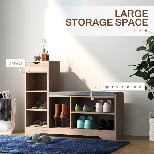 Banc à chaussures de HOMCOM avec coussin de siège, banc d'entrée avec tablettes réglables, tiroir, 6 compartiments ouverts et dessus de table pour