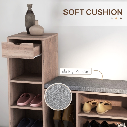Banc à chaussures de HOMCOM avec coussin de siège, banc d'entrée avec tablettes réglables, tiroir, 6 compartiments ouverts et dessus de table pour