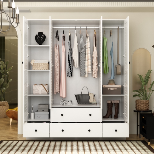 Famapy Modern 4-Door Wardrobe with Adjustable Shelves and Multiple Drawers White