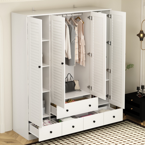 Famapy Modern 4-Door Wardrobe with Adjustable Shelves and Multiple Drawers White