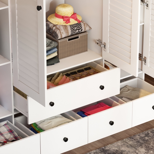 Famapy Modern 4-Door Wardrobe with Adjustable Shelves and Multiple Drawers White