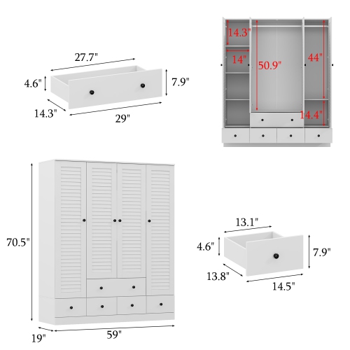 Famapy Modern 4-Door Wardrobe with Adjustable Shelves and Multiple Drawers White