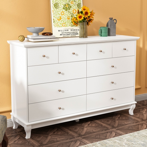 Famapy Classic White 10-Drawer Dresser with Elegant Curved Legs and Ample Storage White
