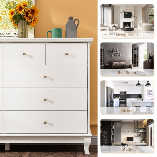 Famapy Classic White 10-Drawer Dresser with Elegant Curved Legs and Ample Storage White