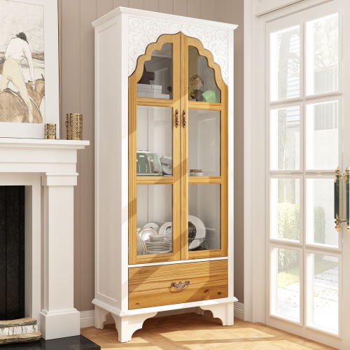 Armoire vitrée style rétro Famapy avec détails sculptés, portes en verre et tiroir en bois, bois blanc et bois naturel