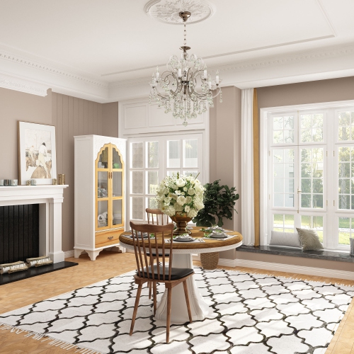 Armoire vitrée style rétro Famapy avec détails sculptés, portes en verre et tiroir en bois, bois blanc et bois naturel