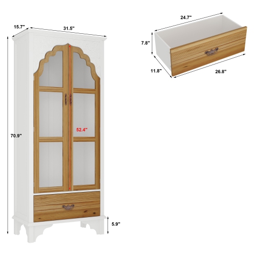 Armoire vitrée style rétro Famapy avec détails sculptés, portes en verre et tiroir en bois, bois blanc et bois naturel