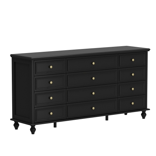 Famapy Luxurious 12-Drawer Dresser with Gold Knobs, Turned Legs, and Ample Storage Black