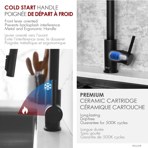 Robinet à filtre à eau escamotable élégant Modena 14 ⅛ po, noir mat, double fonction K-131BLK