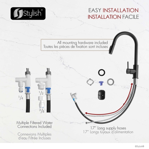 Robinet à filtre à eau escamotable élégant Modena 14 ⅛ po, noir mat, double fonction K-131BLK