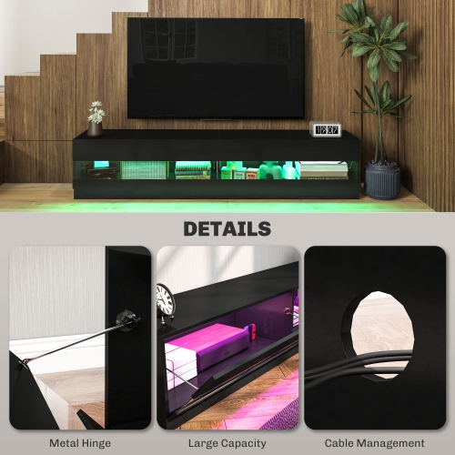 HOMCOM High Gloss TV Stand Cabinet for TVs up to 75", Entertainment Center with LED Light, Media Console with Storage, Black