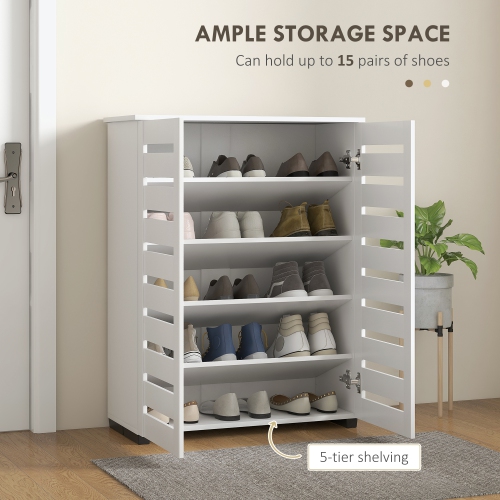 HOMCOM Narrow Shoe Cabinet with 2 Slatted Doors, Modern Shoe Storage Cabinet with Adjustable Shelves for Entryway, Hallway, Living Room, Holds 15