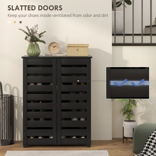 HOMCOM Narrow Shoe Cabinet with 2 Slatted Doors, Modern Shoe Storage Cabinet with Adjustable Shelves for Entryway, Hallway, Living Room, Holds 15