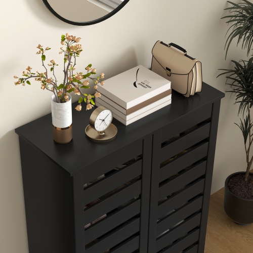 HOMCOM Narrow Shoe Cabinet with 2 Slatted Doors, Modern Shoe Storage Cabinet with Adjustable Shelves for Entryway, Hallway, Living Room, Holds 15