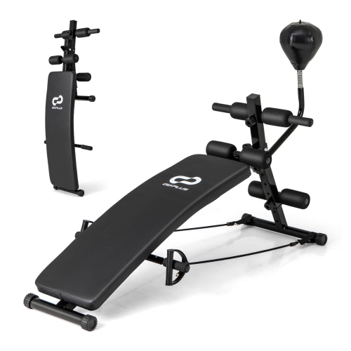Image 1 of 10.. Goplus Adjustable Decline Sit-Up Bench for Home Gym with Speed Ball and Resistance Bands