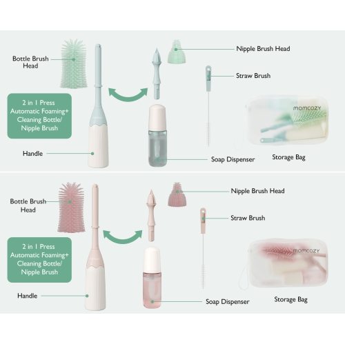 Momcozy Bottle Brush Kit, Innovative Push-Press Design for Better Cleaning - Baby Bottle Cleaner Brush for Baby Bottle, Breast Pumps, Nipples, 1 Set