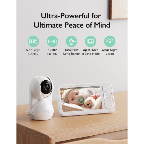 Momcozy Video Baby Monitor, 5.5” 1080P Full HD Baby Monitor with Camera No WiFi, Infrared Night Vision, 5800mAh 120-hrs Battery, ECO, VOX, 2-Way