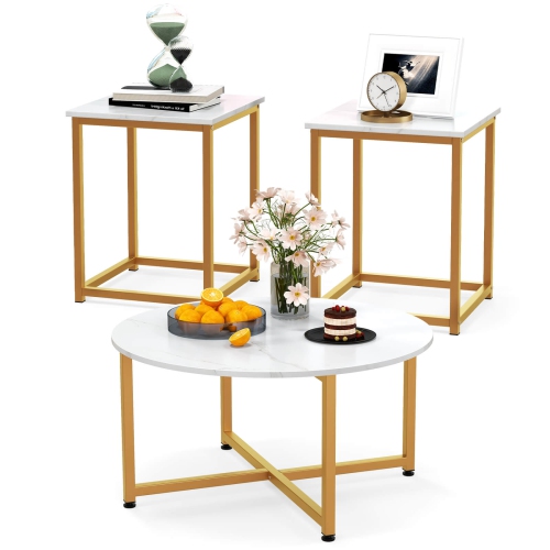 Costway 3 PCS Coffee Table Set Round Coffee Table and 2PCS Square End Tables Metal Frame