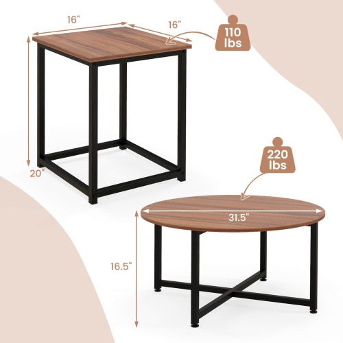 Costway 3 PCS Coffee Table Set Round Coffee Table and 2PCS Square End Tables Metal Frame